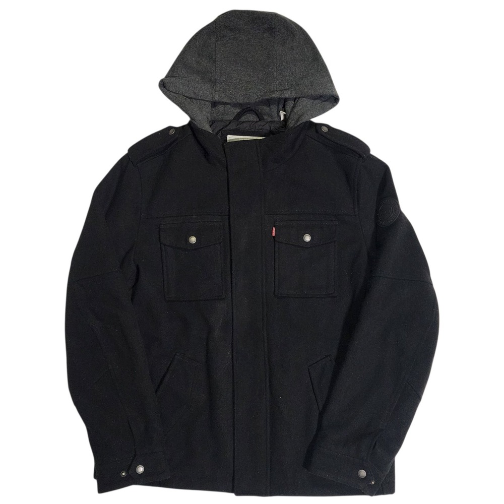 Levis Wool Blend Hooded Military Coat Midweight Field Jacket Mens Size L Black